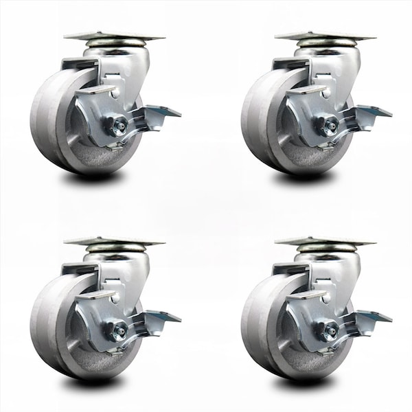 4 Inch V-Groove Semi Steel Swivel Caster Set with Roller Bearings and Brakes SCC